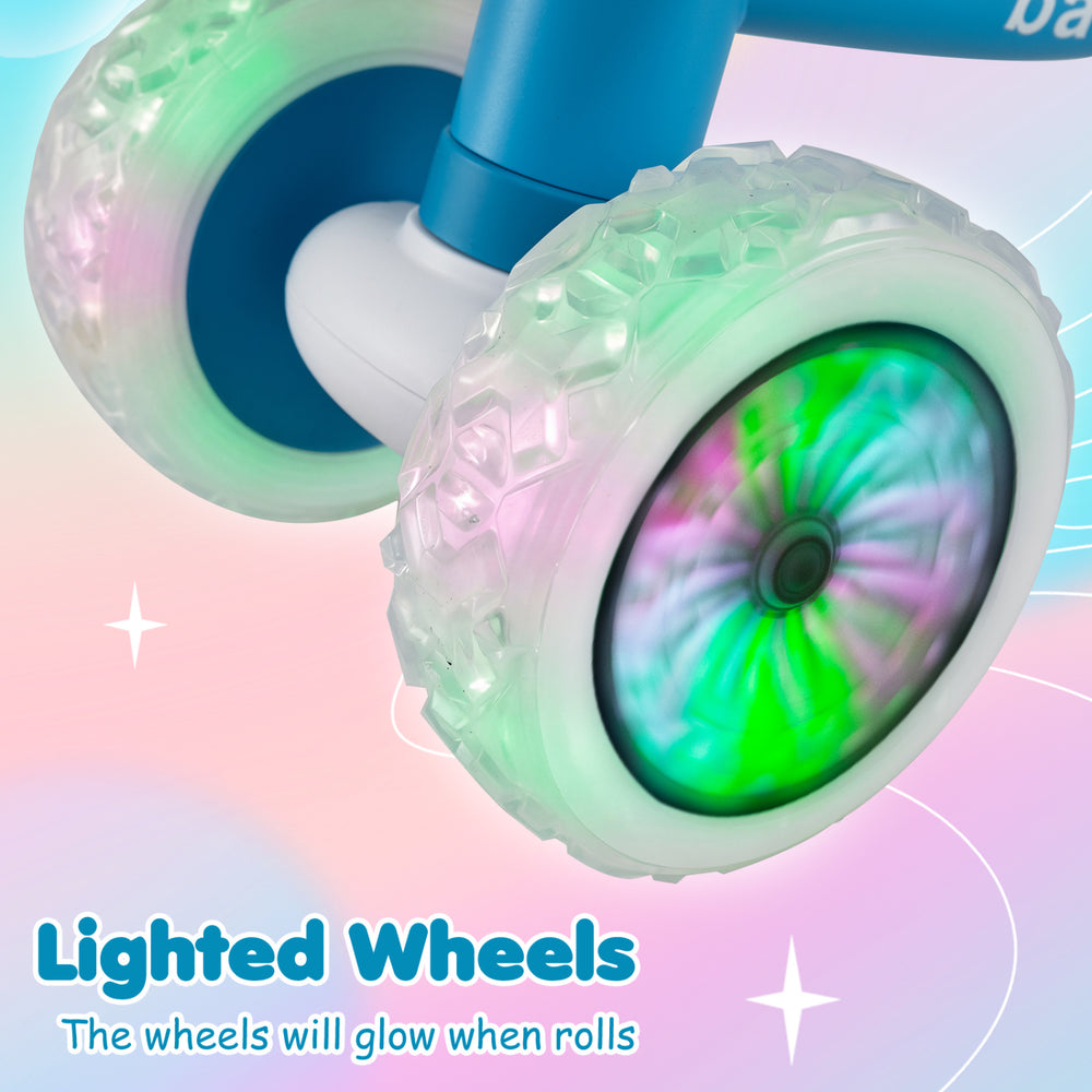 Light-up wheels of the blue baby balance bike glow while rolling, promoting fun and balance skills for kids.