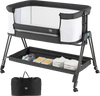 Portable bedside sleeper for baby in black with 7 adjustable heights, mesh sides, and bottom storage for essentials.