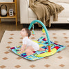 Baby playing on a colorful 4-in-1 activity center mat with adjustable height and interactive toys for developmental fun.