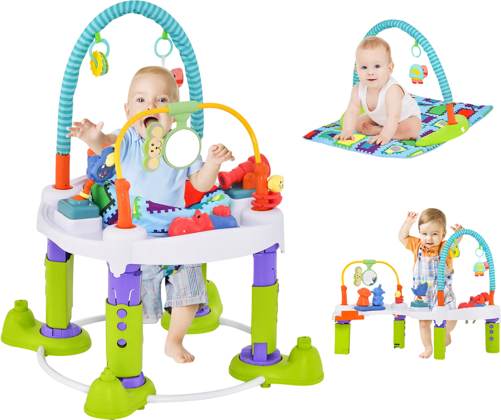 4-in-1 Baby Bouncer Activity Center in green with adjustable heights, 360° rotatable seat, and interactive toys for.