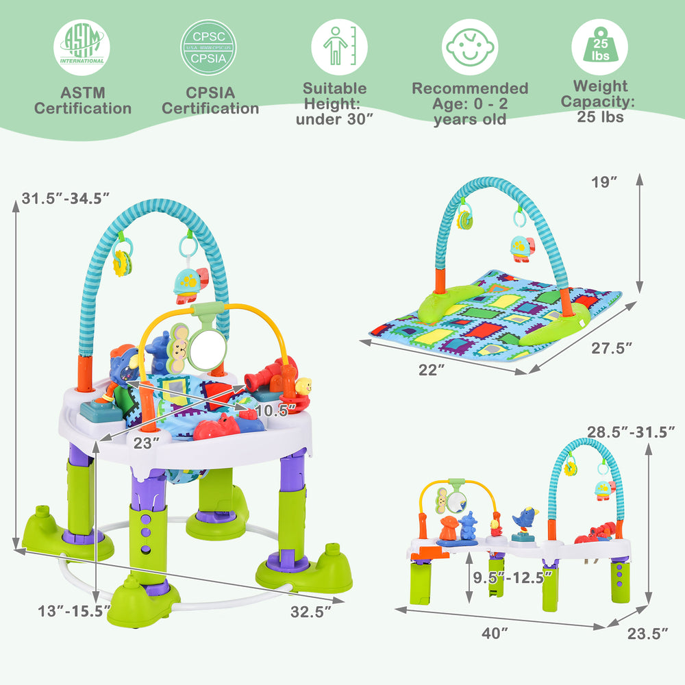 4-in-1 Baby Bouncer Activity Center in green, showing dimensions with adjustable height options for growing babies.