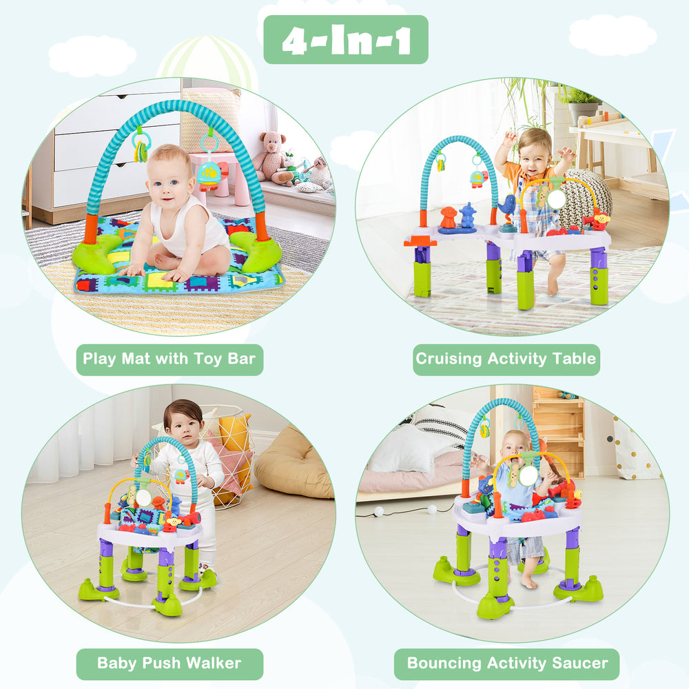 4-in-1 baby bouncer activity center in green, featuring adjustable heights and multiple interactive toys for versatile.