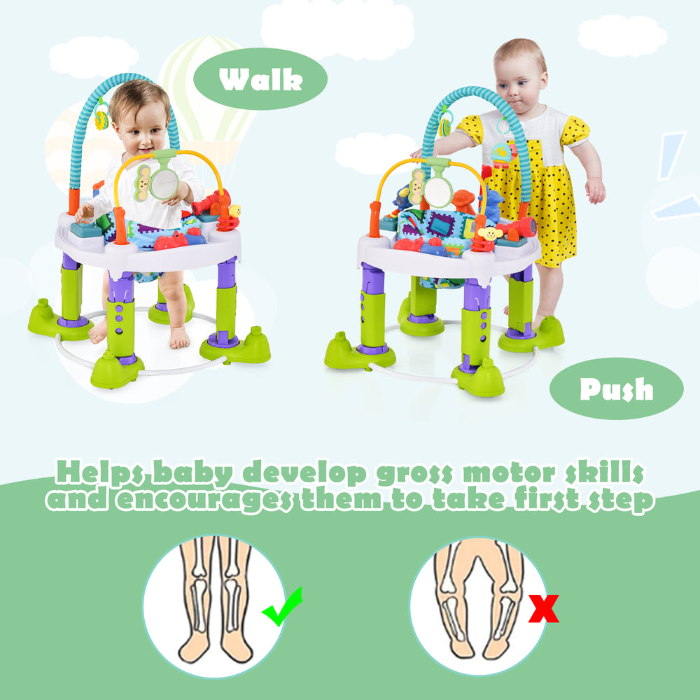 4-in-1 Baby Bouncer Activity Center in green, featuring adjustable heights and multiple interactive toys for motor.