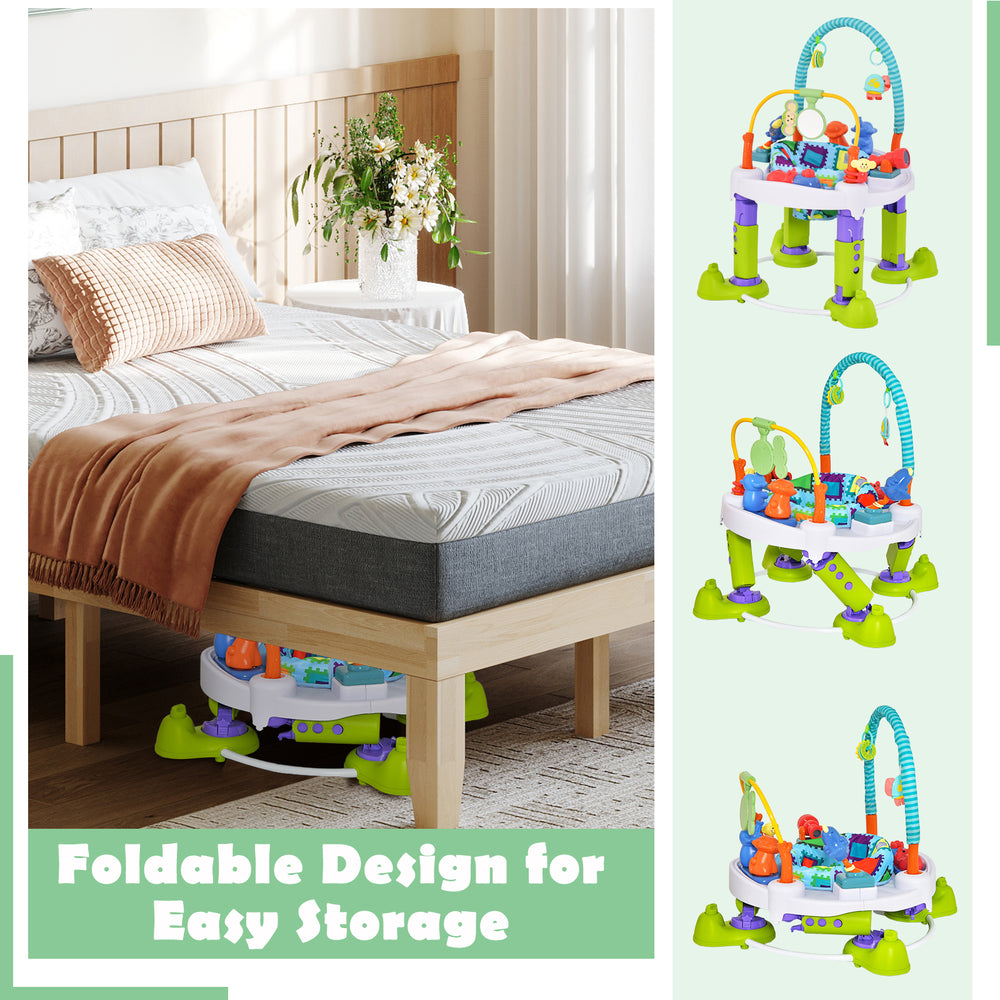 4-in-1 Baby Bouncer Activity Center in green, featuring a foldable design for easy storage and adjustable heights.