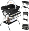 Foldable black baby changing table featuring a zippered storage bag, bottom shelf, and detachable toy bar for added.