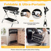 Foldable baby changing table in black with storage bag, adjustable height, and wheels for easy transport and storage.