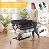 Foldable black baby changing table with storage bag, adjustable height, and 4 universal wheels for easy mobility.