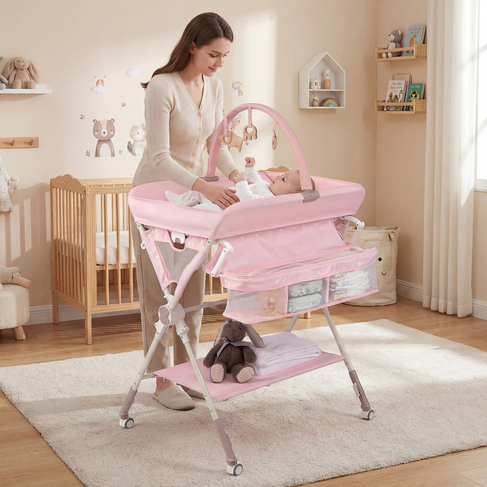 Baby Changing Table Foldable Diaper Changing Station with Storage Bag and Shelf-Pink - Gallery View 1 of 10