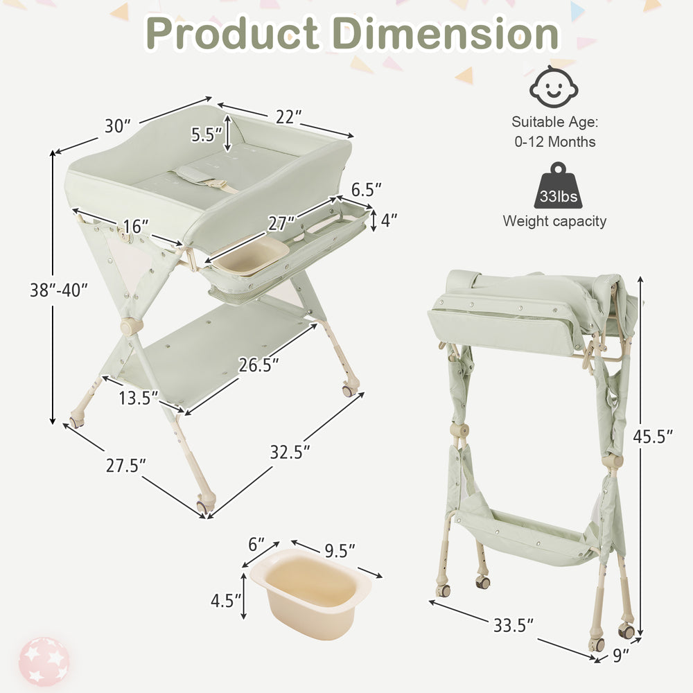 Baby diaper changing table in green with adjustable height, removable water basin, and ample storage for essentials.