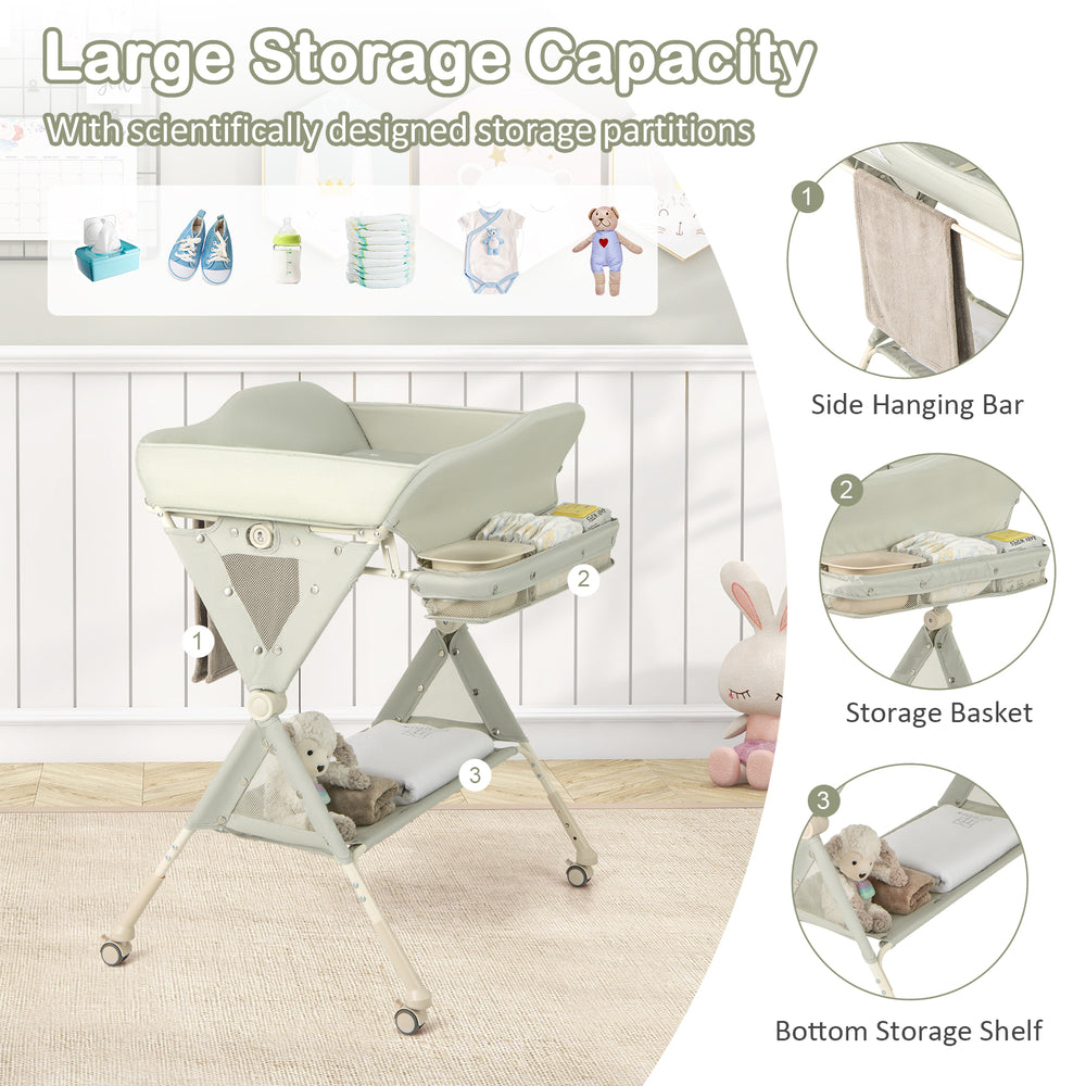 Baby diaper changing table in green with storage basket, removable water basin, and adjustable height for convenience.