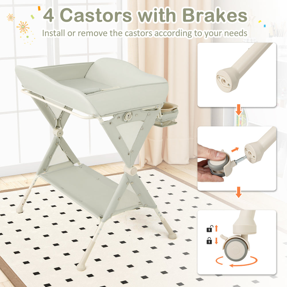 Baby diaper changing table in green with removable water basin and 4 lockable wheels for easy mobility and storage.
