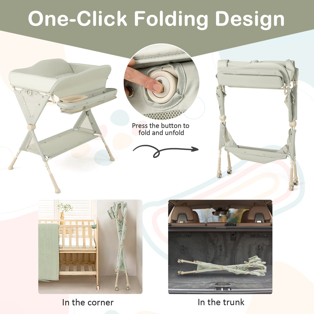 Baby diaper changing table in green with one-click folding design, featuring adjustable height and ample storage space.