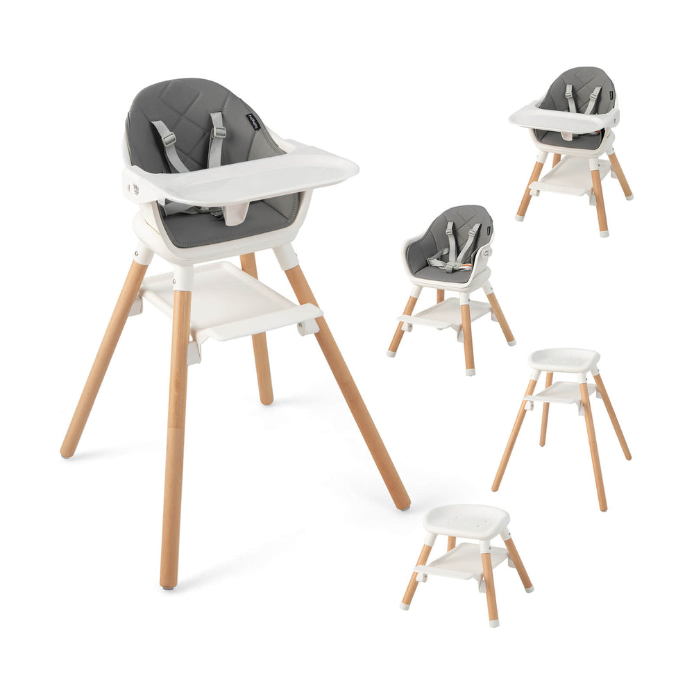 6-in-1 baby high chair with removable dishwasher-safe tray, adjustable footrest, and durable beech wood legs for safety.