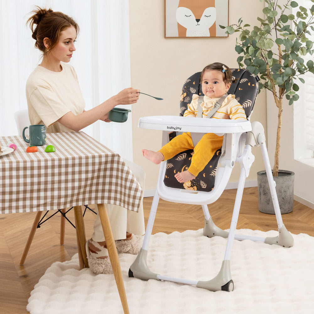 3-in-1 convertible baby high chair in dark brown with adjustable seat height, backrest, and footrest for versatile use.