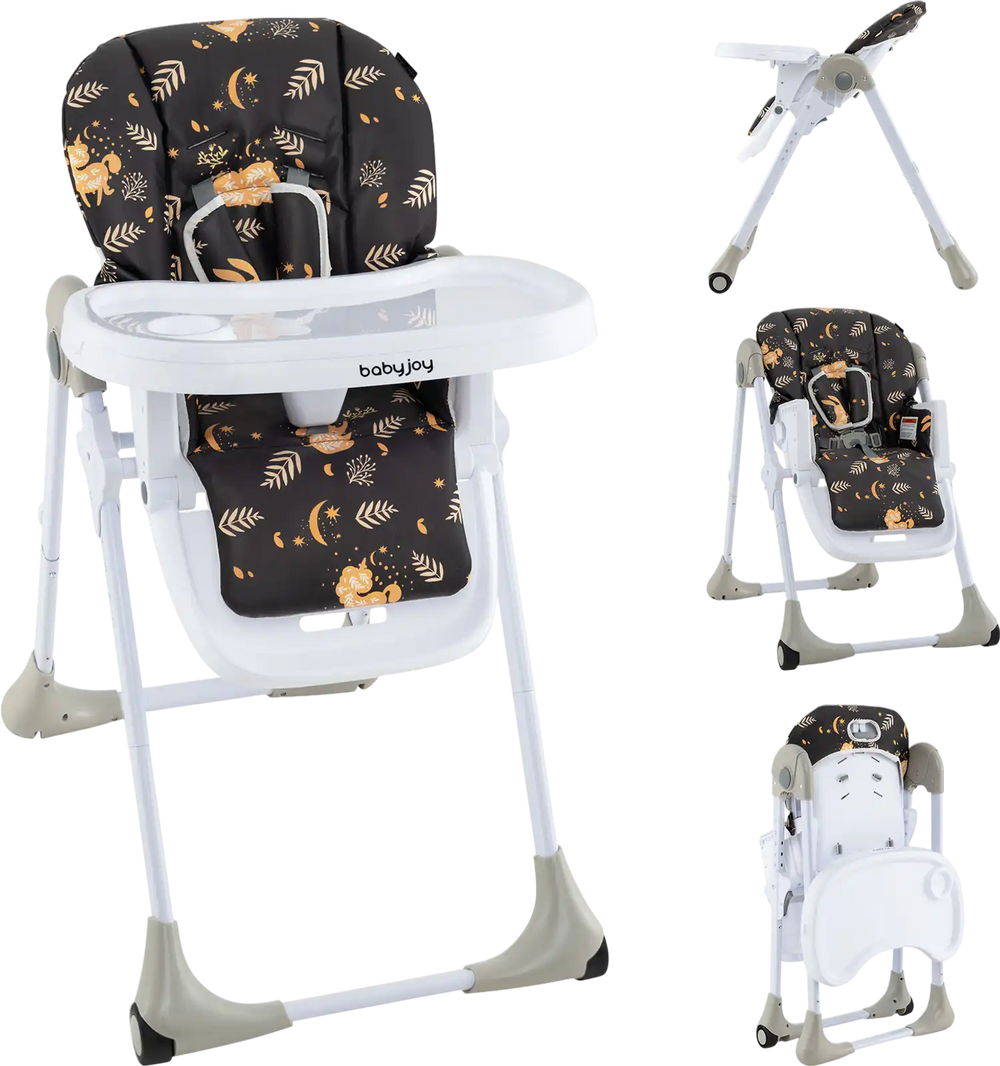 Side view of the 3-in-1 convertible baby high chair in dark brown, showcasing adjustable backrest and footrest.