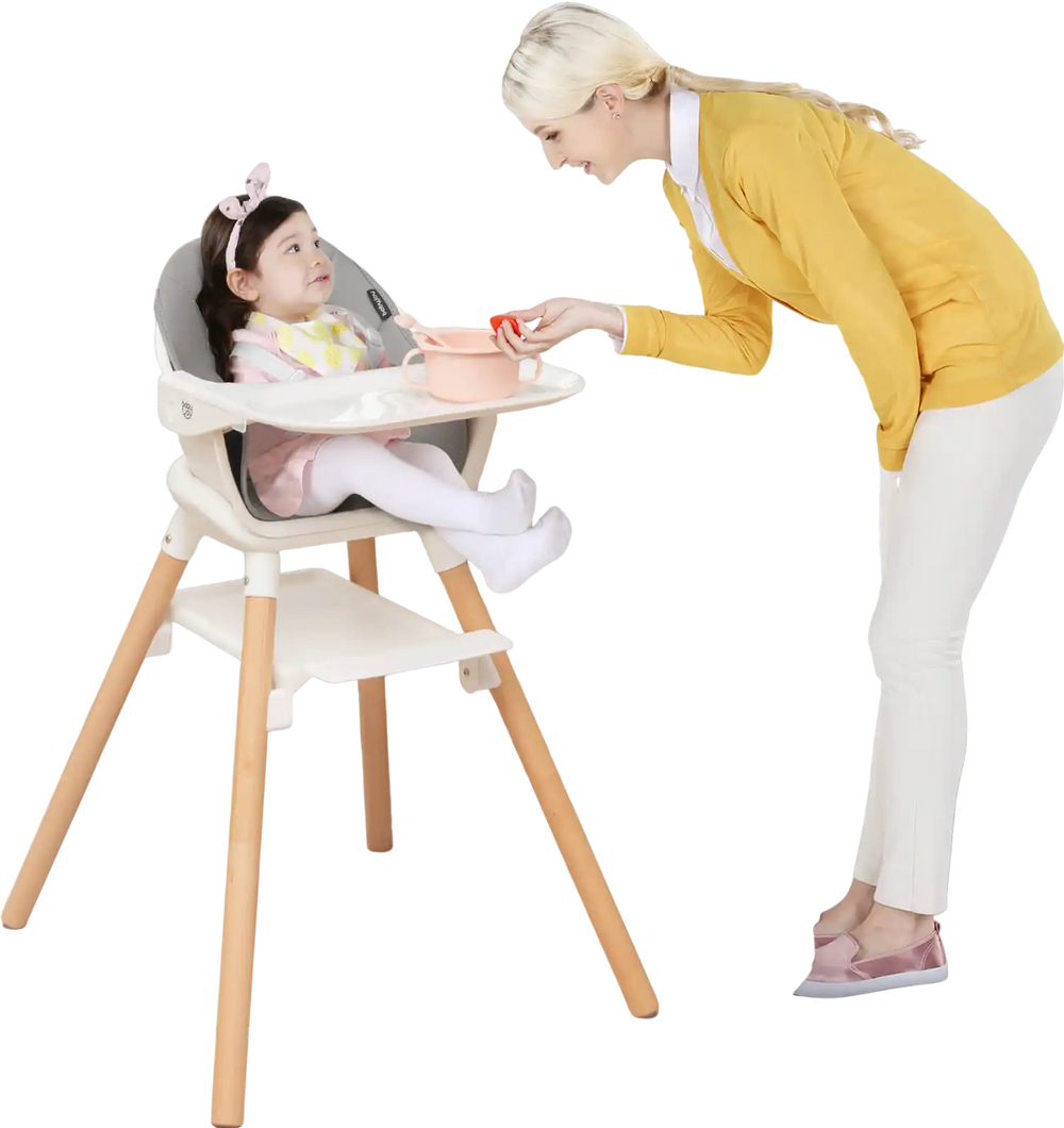 6-in-1 baby high chair with removable tray, adjustable footrest, and durable beech wood legs for safe mealtime use.