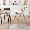 Baby high chair in beige with solid beech wood legs, 5-point harness, and dishwasher-safe tray for convenient feeding.