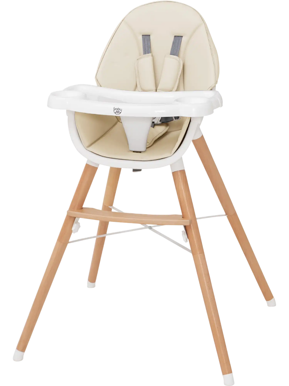 Baby high chair in beige with solid beech wood legs, 5-point harness, and dishwasher-safe tray for convenience.