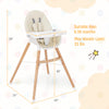 Baby high chair in beige with solid beech wood legs, 5-point harness, and dishwasher-safe tray for infants 6-36 months.