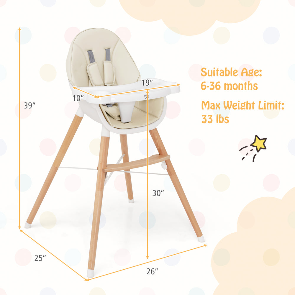 Baby high chair in beige with solid beech wood legs, 5-point harness, and dishwasher-safe tray for infants 6-36 months.