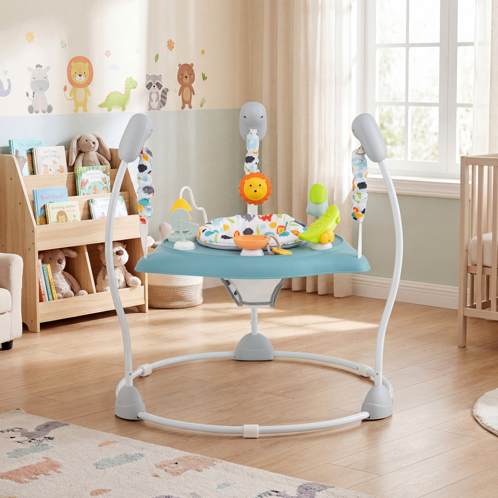 Baby Jump and Play Activity Center in blue with rotatable seat and interactive toys for endless fun and safe jumping.