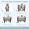 5-in-1 Baby Nursery Center with tool-free installation steps, featuring a gray foldable bedside crib and storage tray.