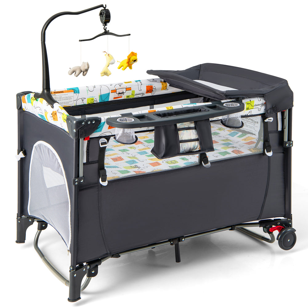 5-in-1 baby nursery center in gray with detachable changing table, music box, and storage tray for versatile use.