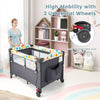 5-in-1 foldable baby nursery center in gray with universal wheels, detachable changing table, and storage pocket for.