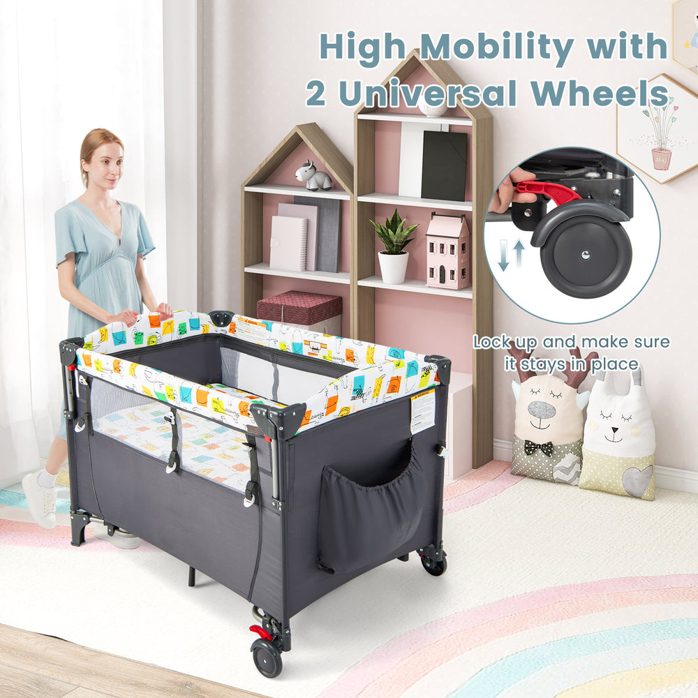 5-in-1 foldable baby nursery center in gray with universal wheels, detachable changing table, and storage pocket for.
