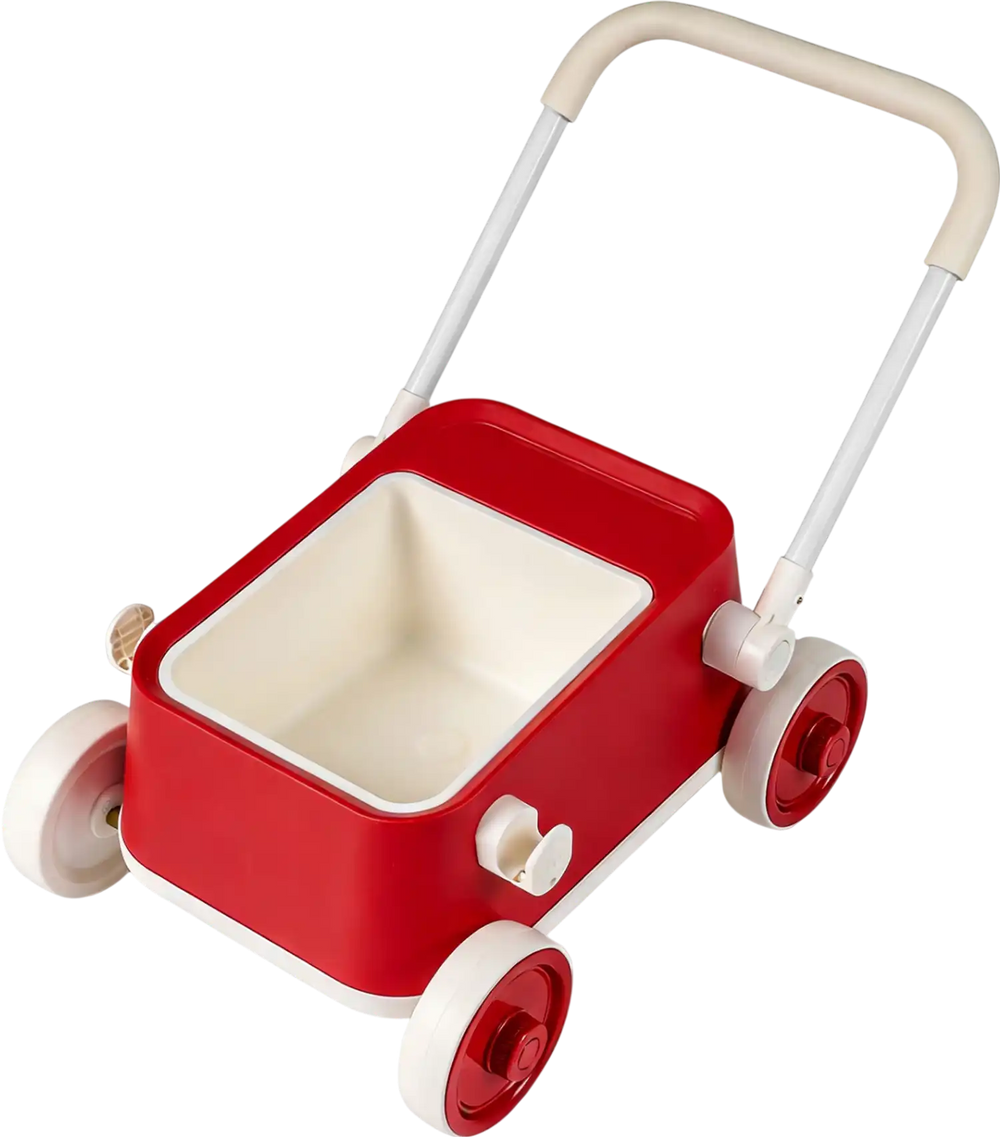 Red baby push walker with foldable handlebar and large storage basket, designed for safety and stability for kids aged.