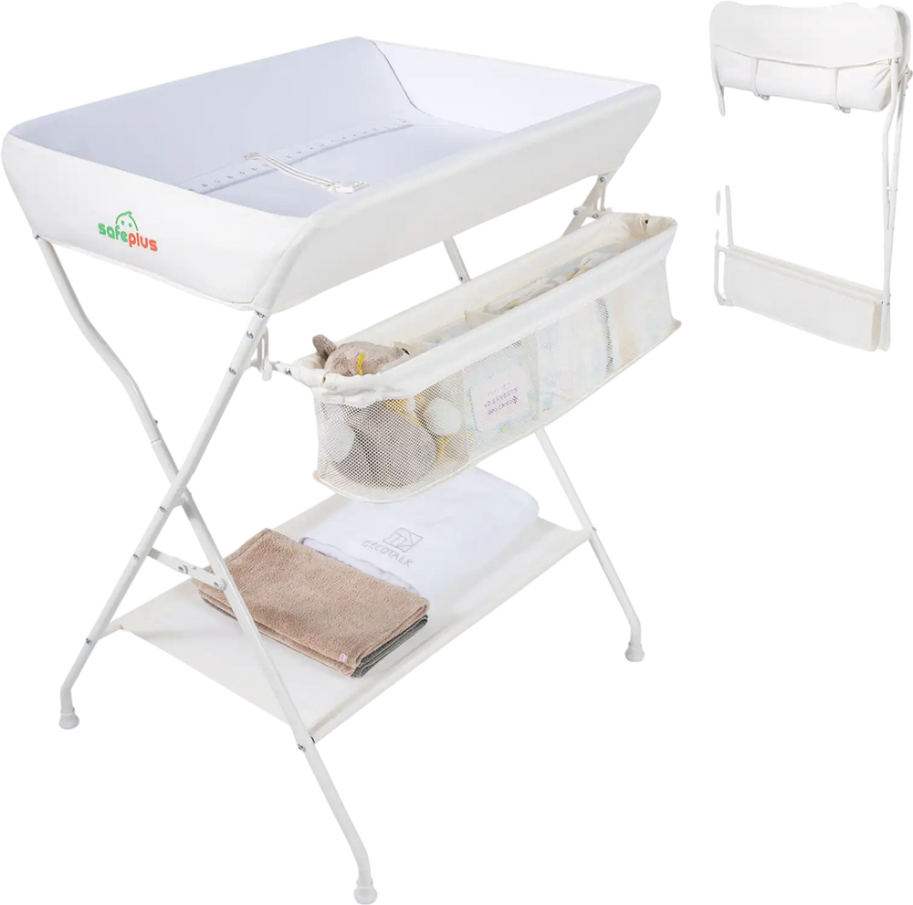 Foldable beige diaper changing table with side basket, waterproof PVC, and height ruler for convenient baby care.