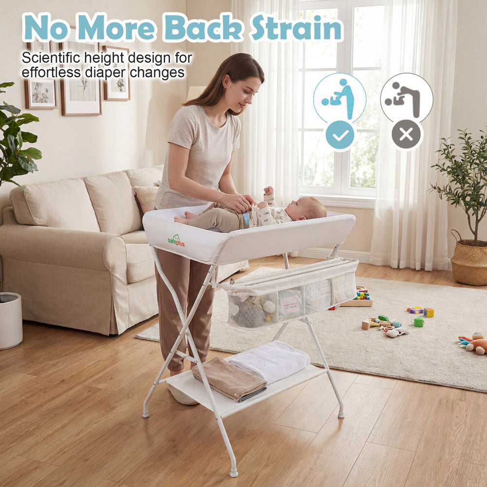 Foldable beige diaper changing table with side basket, height ruler, and safety features for effortless diaper changes.