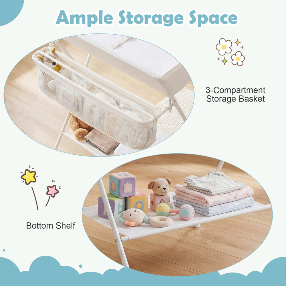 3-compartment storage basket and bottom shelf of the beige Baby Storage Foldable Diaper Changing Table for easy access.