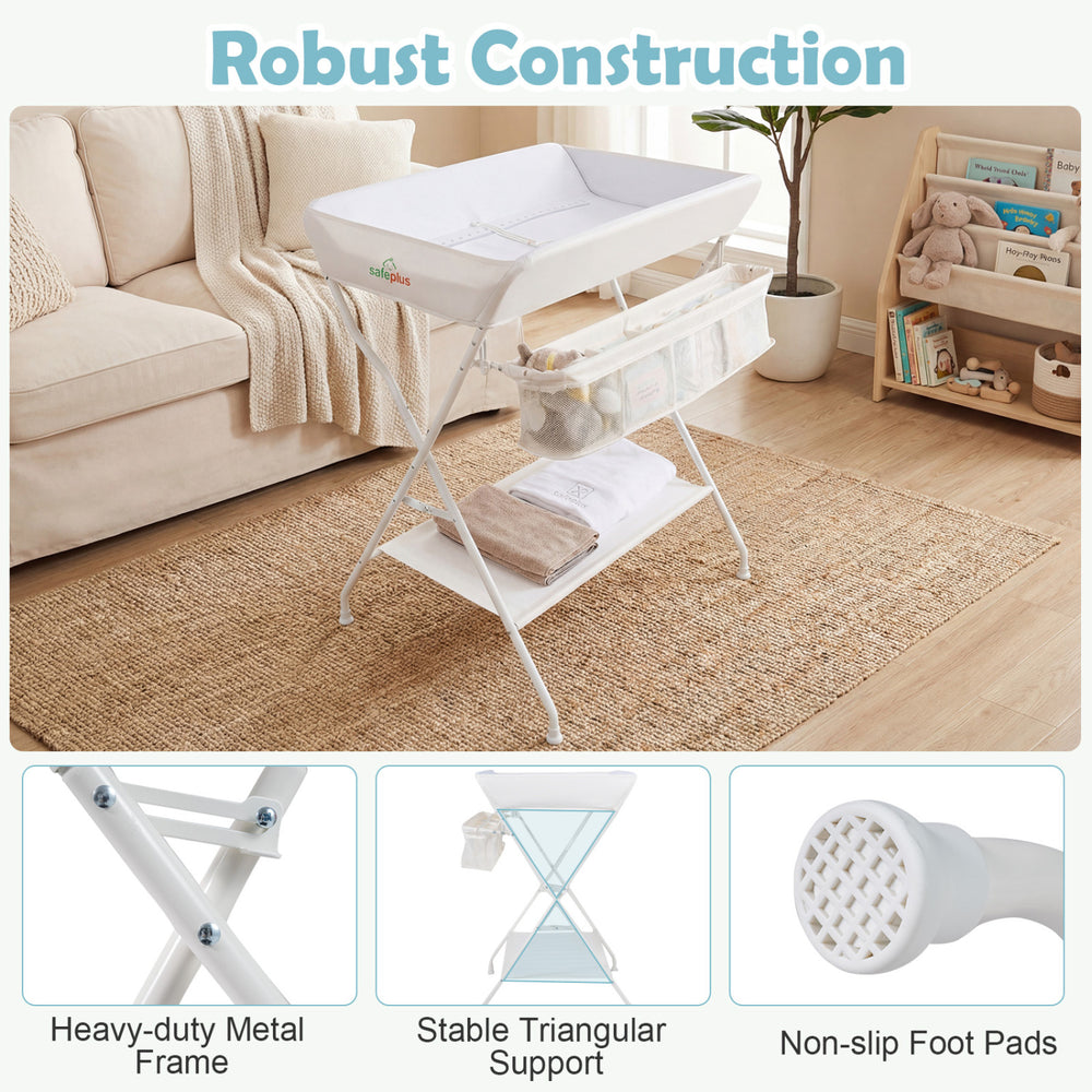 Foldable beige diaper changing table with heavy-duty metal frame, side basket, and anti-slip foot pads for stability.