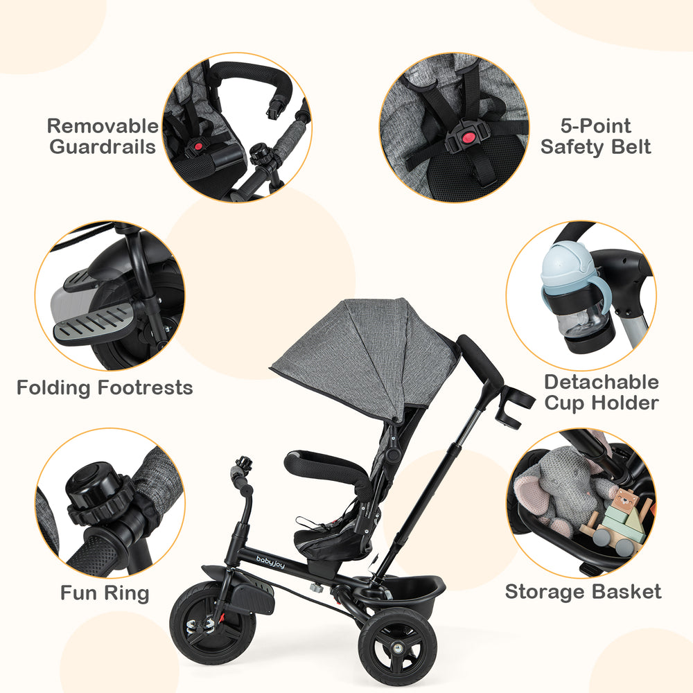 4-in-1 gray baby tricycle with reversible seat, 5-point safety harness, and detachable cup holder for versatile use.
