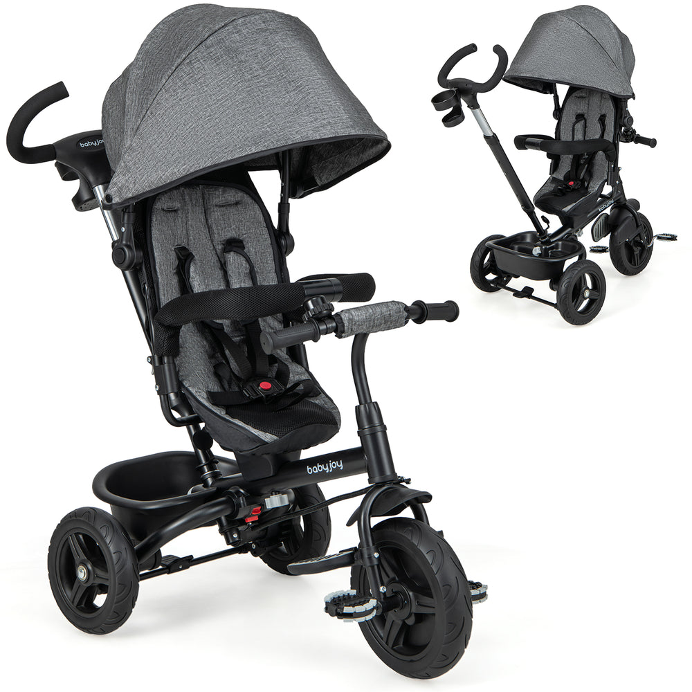 4-in-1 baby tricycle in gray with adjustable canopy, reversible seat, and 5-point safety harness for versatile use.