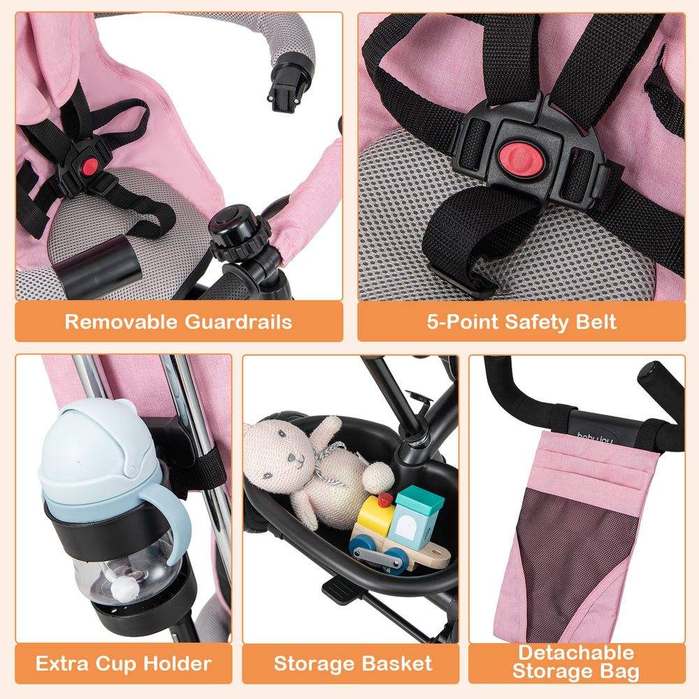 Removable guardrails and 5-point safety belt on the pink 4-in-1 baby trike for secure toddler riding.