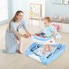 Foldable blue baby walker with adjustable height, music tray, and ergonomic backrest for interactive fun and support.