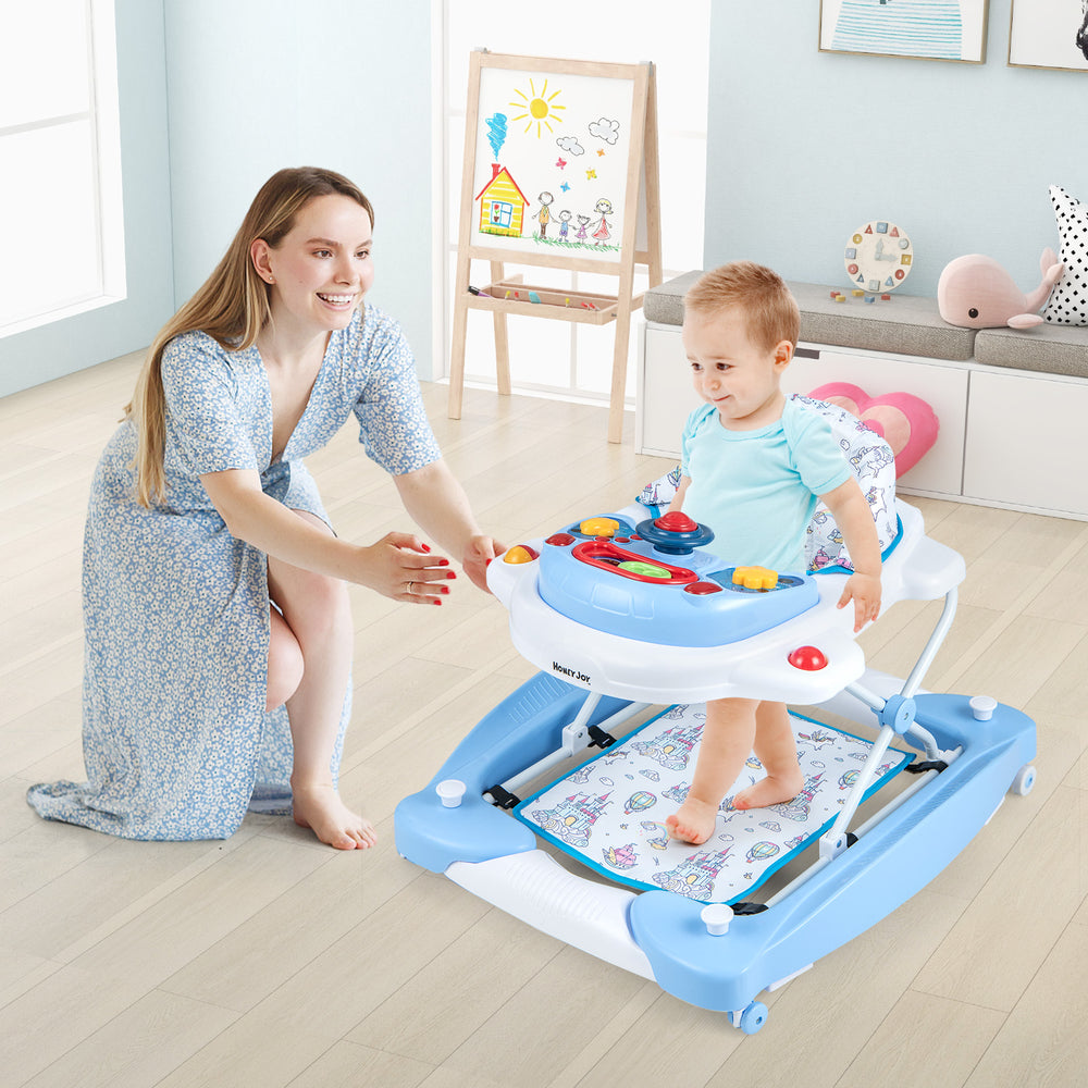 Foldable blue baby walker with adjustable height, music tray, and ergonomic backrest for interactive fun and support.