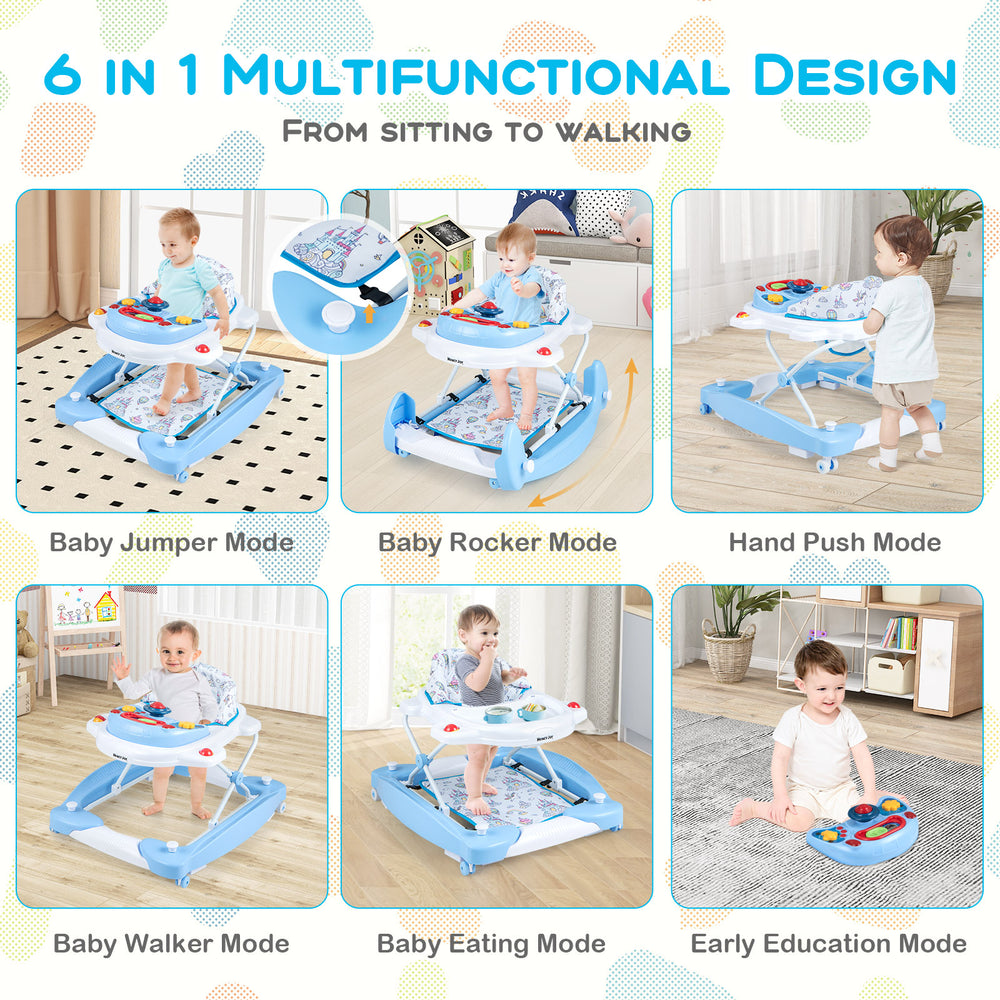 6 in 1 Foldable Baby Walker in blue, featuring adjustable height, music tray, and ergonomic backrest for versatile use.