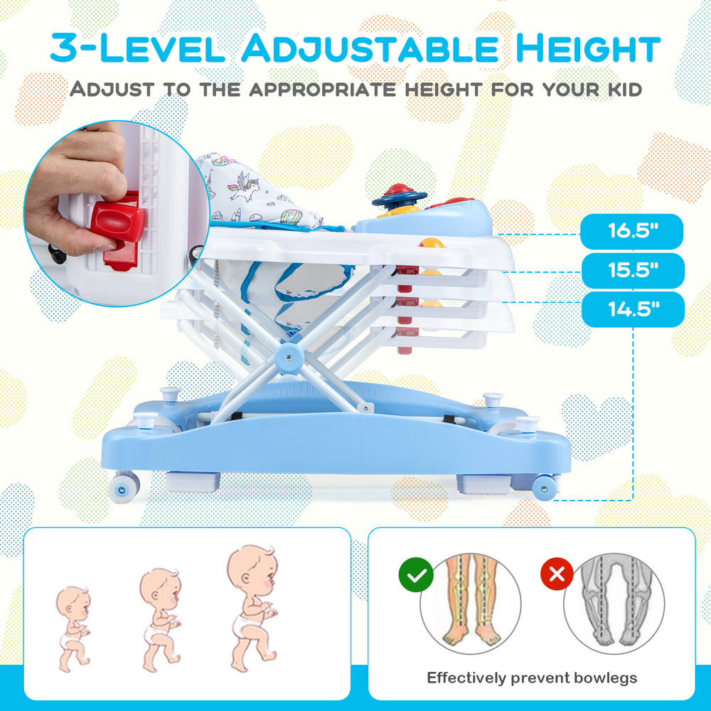 Adjustable height baby walker in blue with 3 height settings, ergonomic backrest, and foldable design for easy storage.