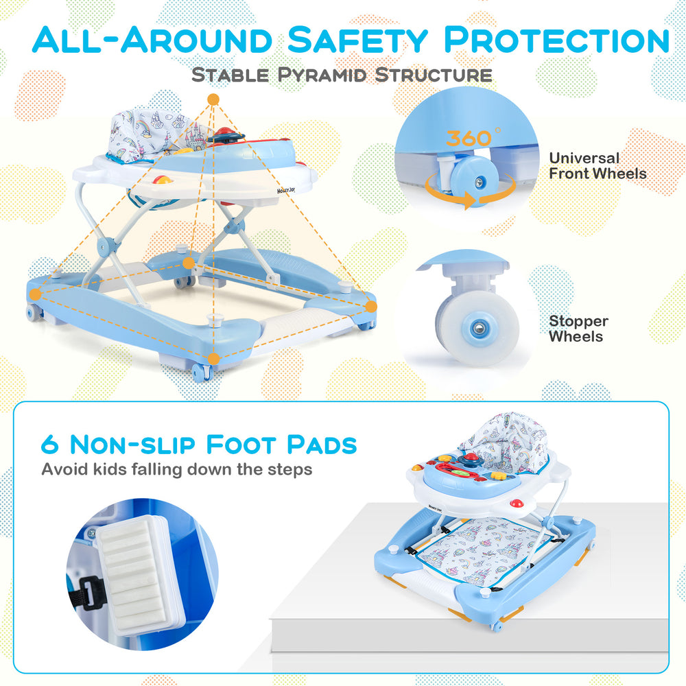 6 in 1 foldable baby walker in blue with adjustable height, music tray, and non-slip foot pads for safe mobility.