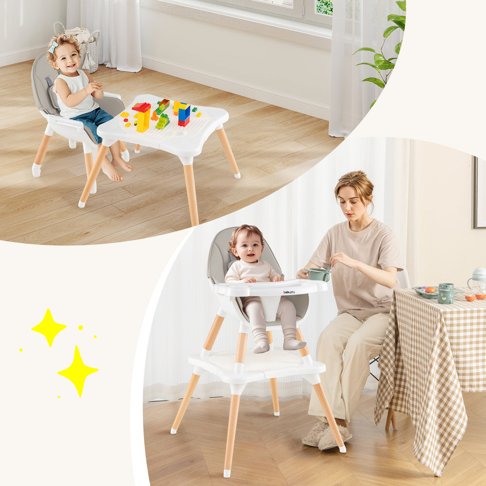 5-in-1 baby wooden convertible high chair in gray with adjustable tray, soft cushion, and stable beechwood legs for.