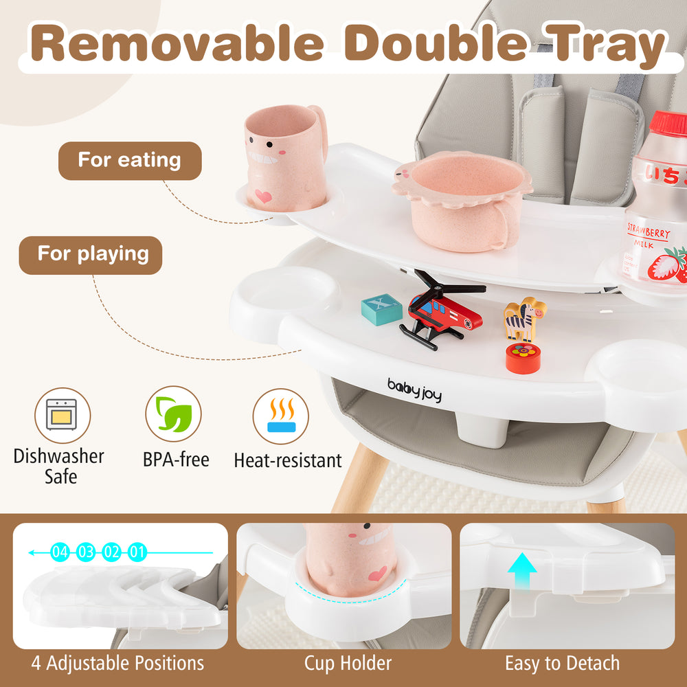 Removable adjustable tray of the 5-in-1 Baby Wooden Convertible High Chair in gray, perfect for eating and playing.