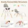 5-in-1 baby wooden convertible high chair in gray with removable cushion and adjustable tray for versatile use.