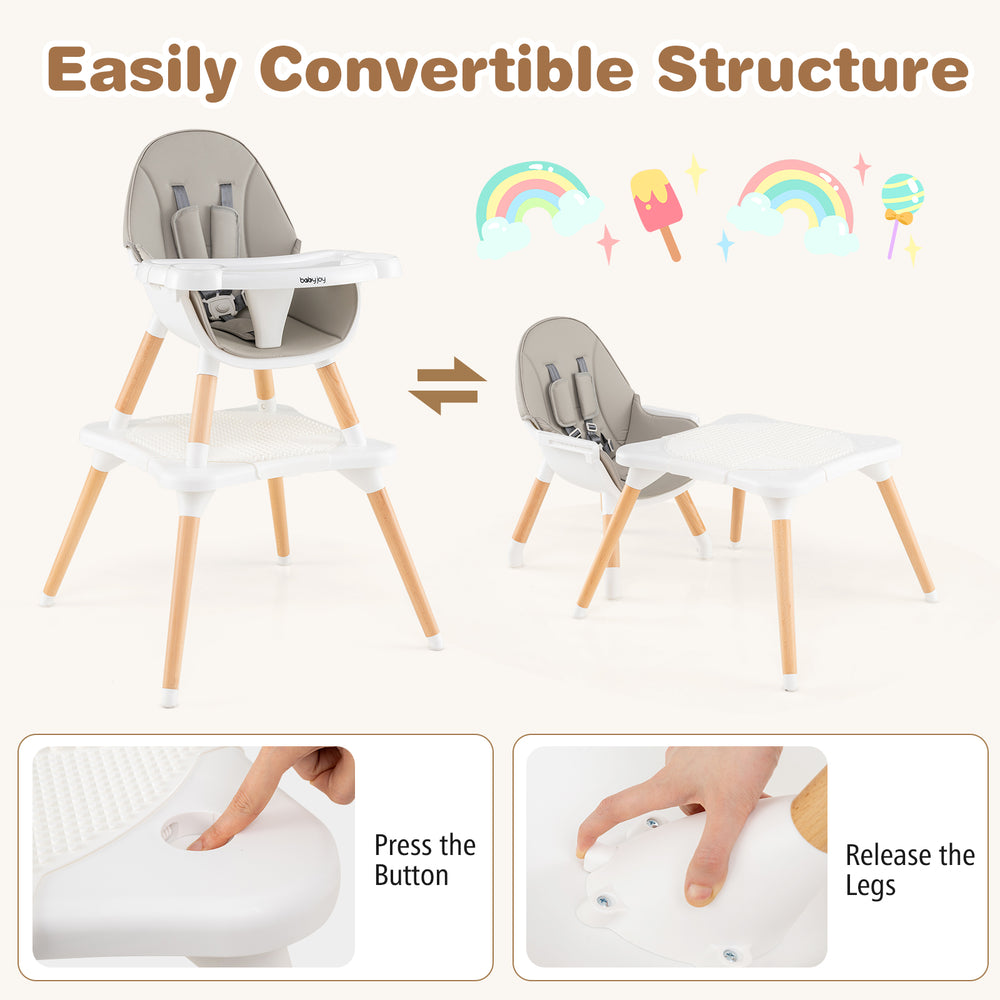 5-in-1 baby wooden convertible high chair in gray with removable cushion and adjustable tray for versatile use.