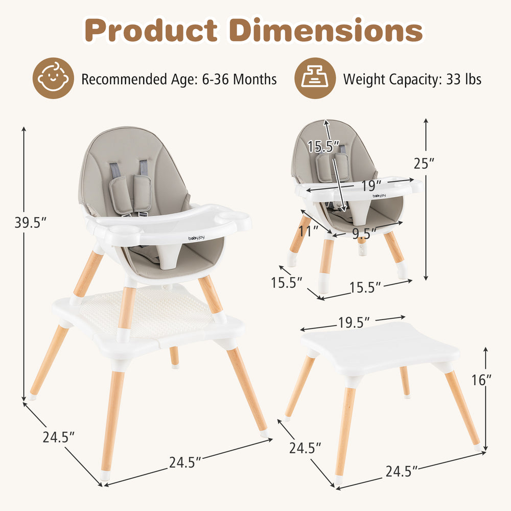 5-in-1 baby wooden convertible high chair in gray with adjustable tray and removable cushion for safe feeding.