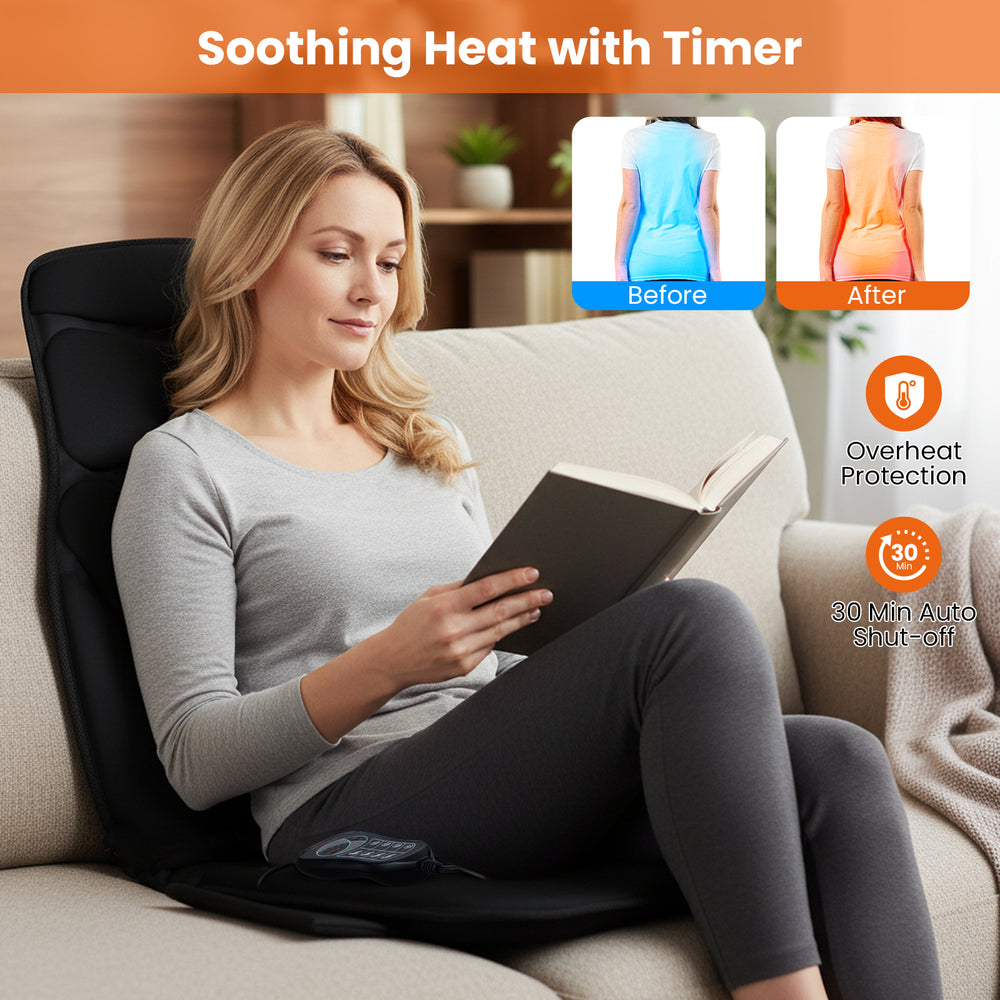Back massager seat cushion in black with heat, 10 vibration motors, and adjustable straps for versatile comfort.