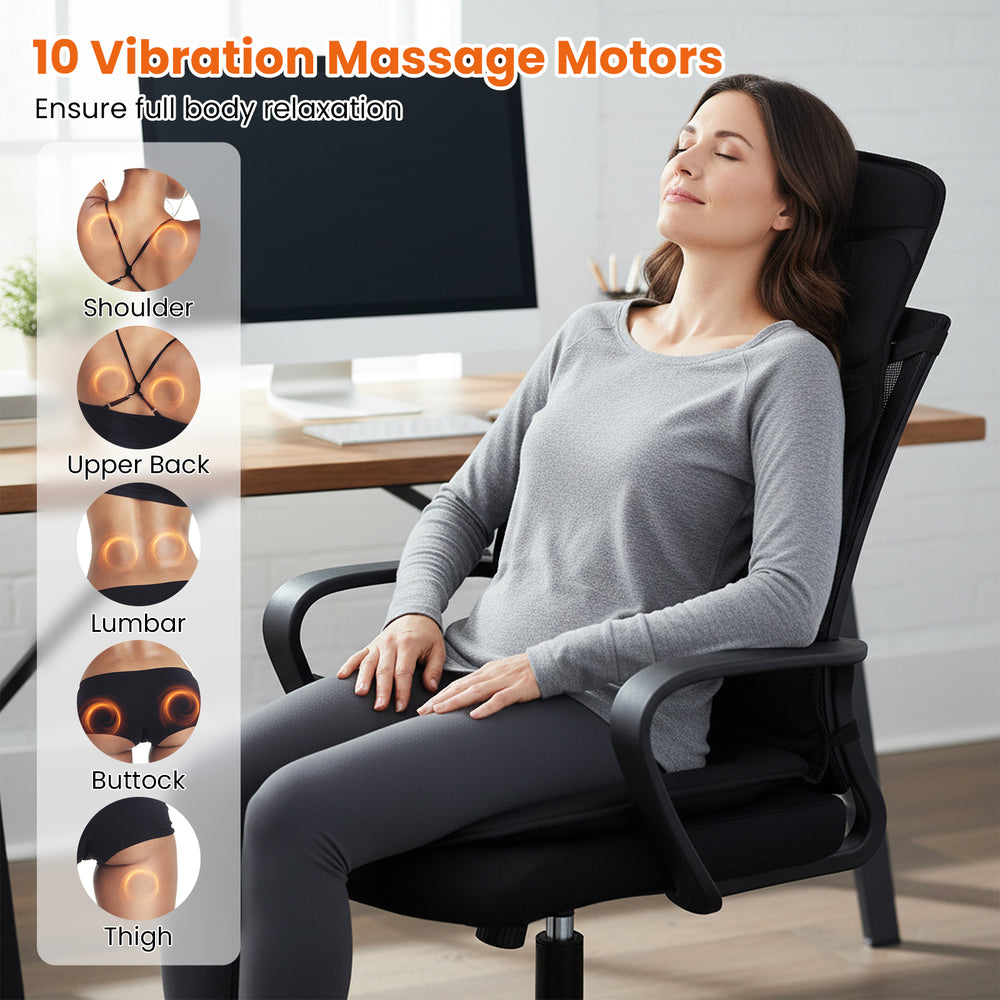 Back massager seat cushion in black with 10 vibration motors for full body relaxation, ideal for office chairs and.