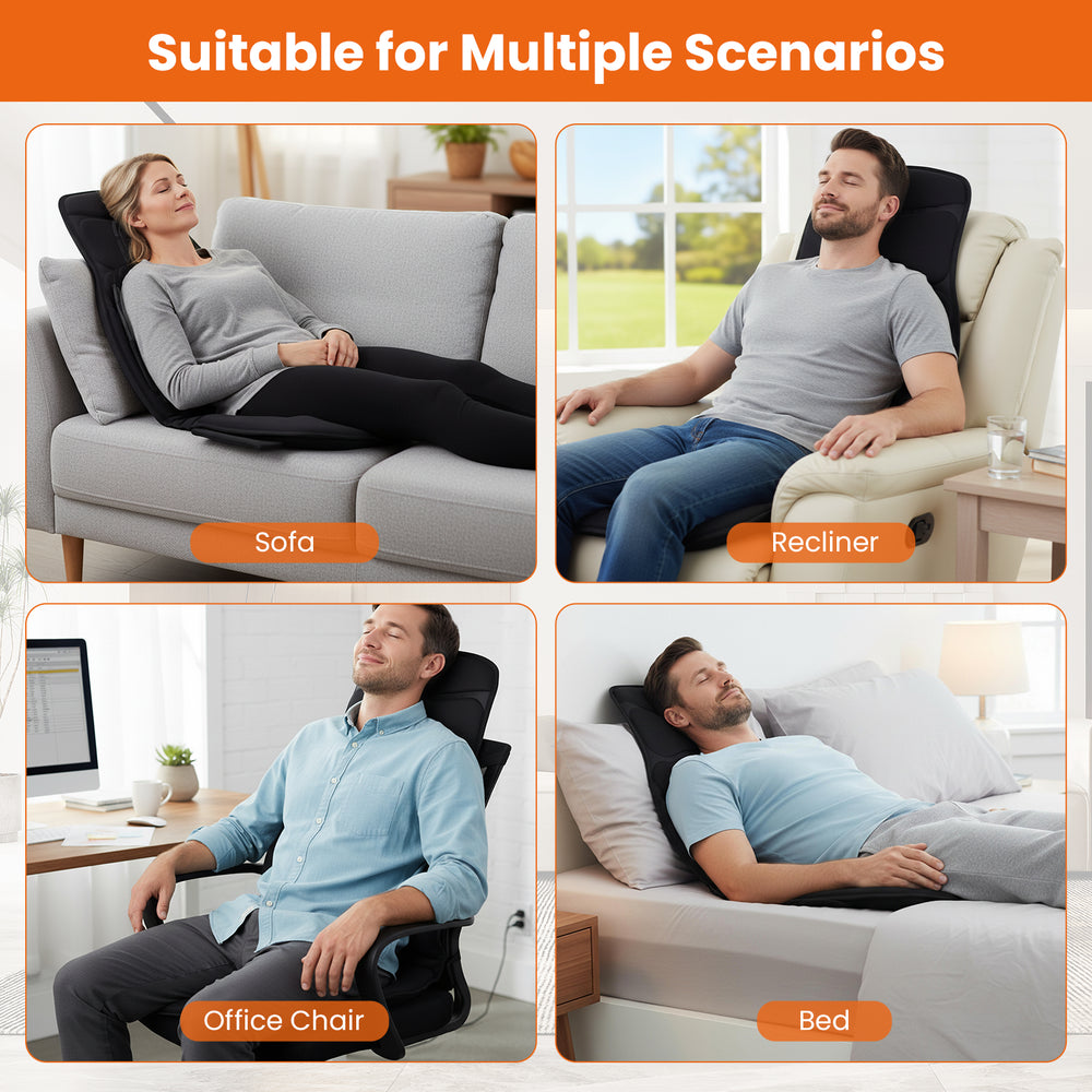 Back massager seat cushion in black, featuring 10 vibration motors, suitable for sofa, recliner, office chair, or bed.
